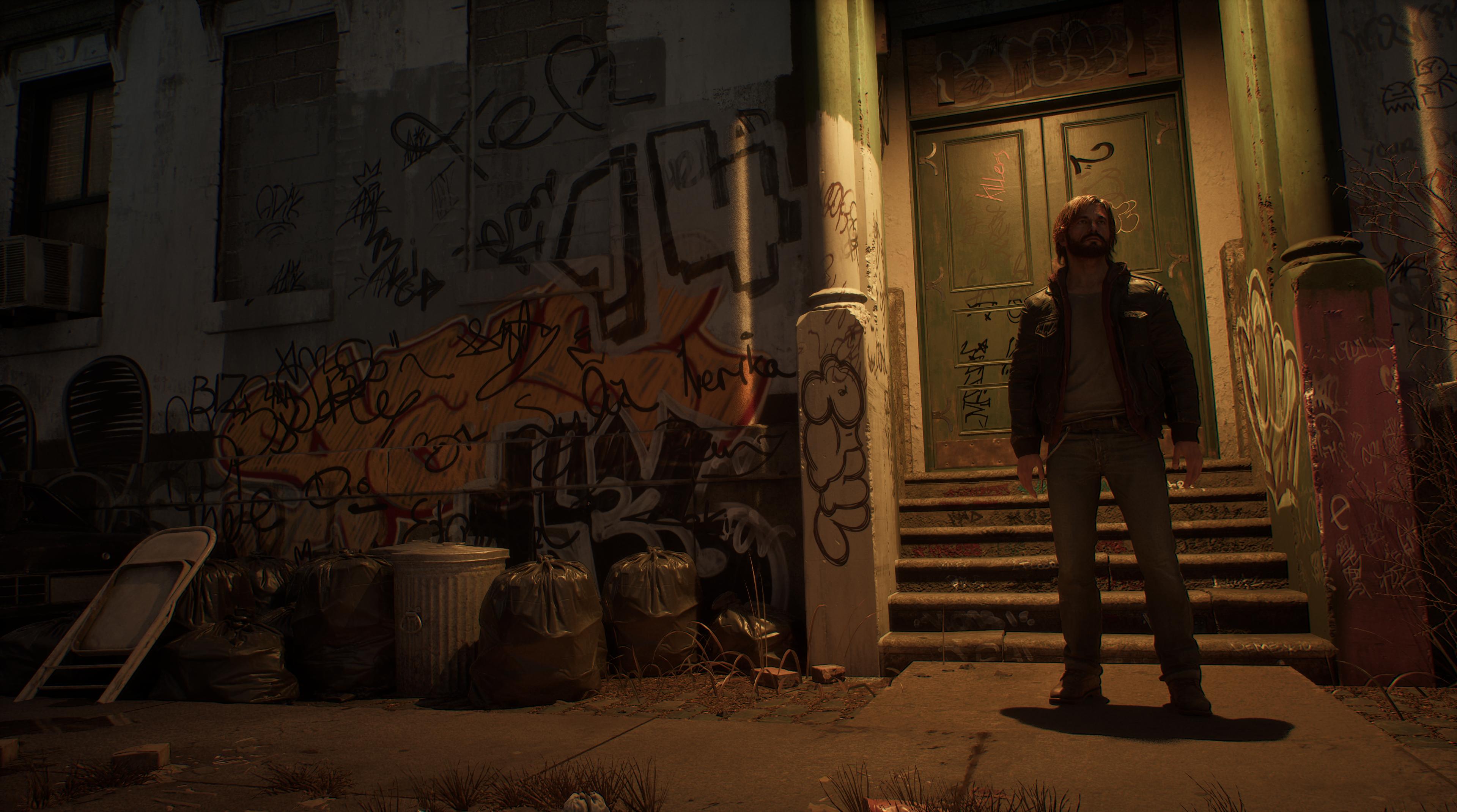 Samson devant un porche couvert de graffitis